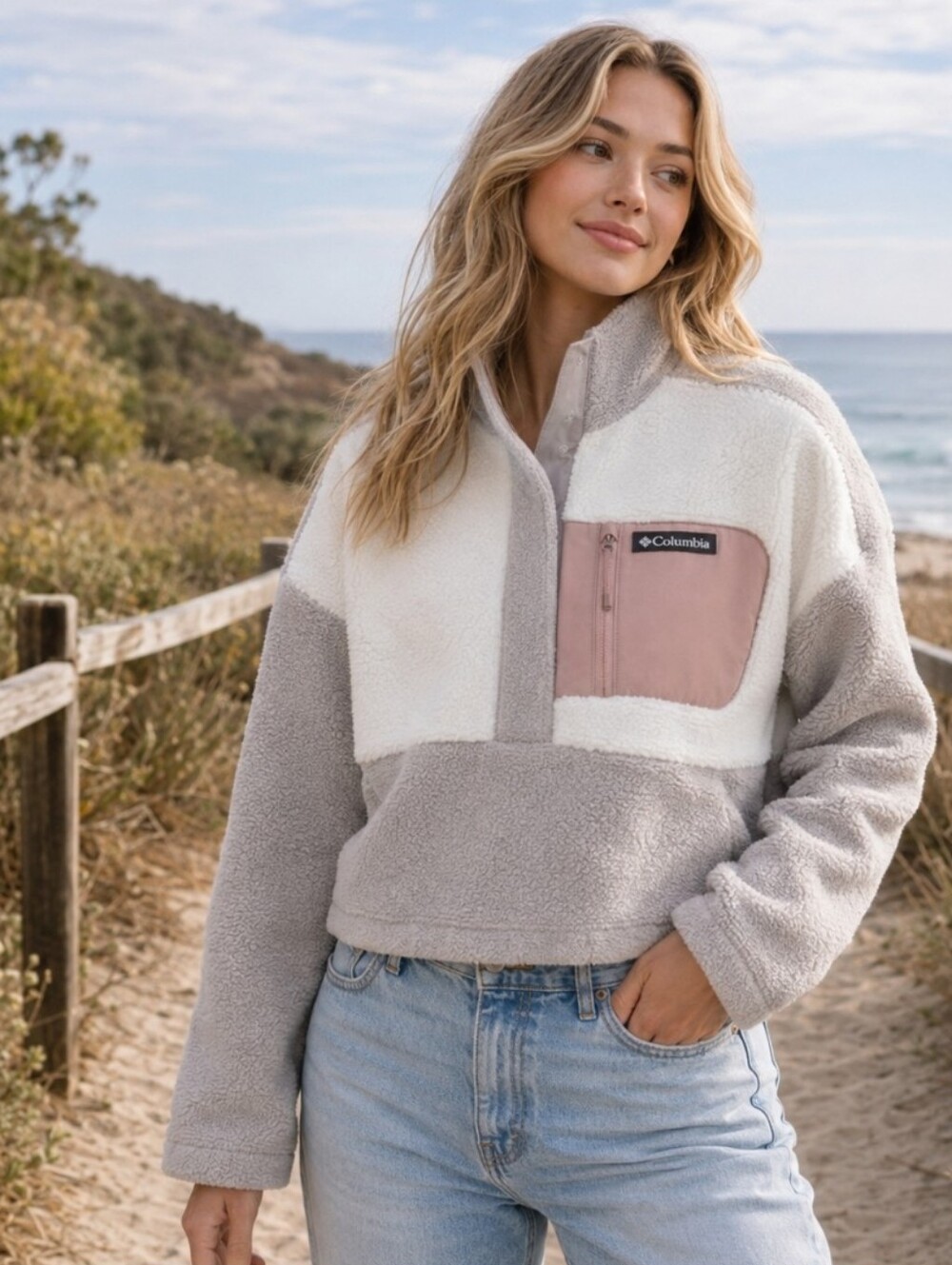 Columbia Cropped Colorblock Sherpa Half Snap Fleece Gray White Pink M